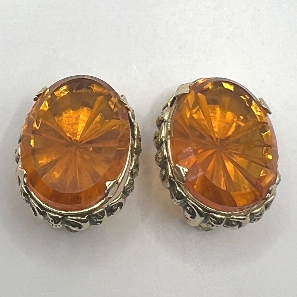 Vintage Whiting &‎ Davis Clip On Earrings Amber Orange Crystal Cut Starburst